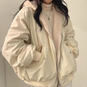 大尺碼冬季新款兩面穿棉服飛行員夾克寬松連帽加絨加厚外套女棉衣女