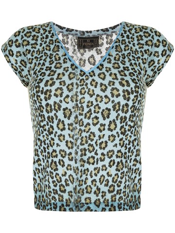 Fendi Pre-Owned - 1990s leopard print V-neck T-shirt - women - Cotton/Modal/Nylon - 42 - Multicolour