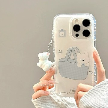 卡通可愛藍格紋袋子西高地適用防摔手機殼 iphone17手機殼 16 15保護殼 簡約設計