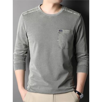 春秋季休閑男圓領長袖t恤中年男裝寬松薄款工裝衛衣爸爸裝打底衫