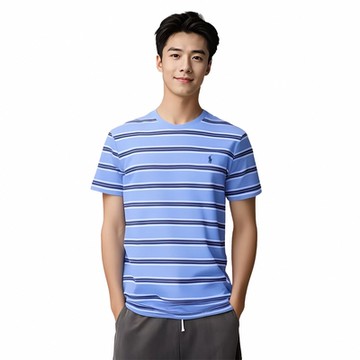 Polo Ralph Lauren RL 熱銷刺繡小馬素面短袖T恤-深藍橫條紋白色