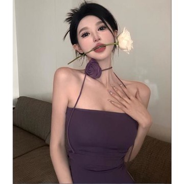 甜美嬌欲妖艷紫色玫瑰抹胸上衣女主播服裝辣妹帶胸墊裹胸泰式背心