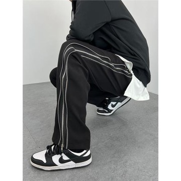 歐美高街側邊拉鏈休閑褲男寬松直筒百搭潮牌痞帥垂墜感拖地長褲子