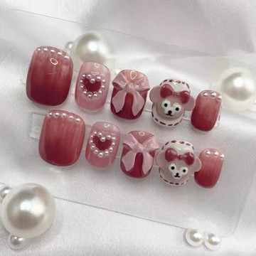 雪莉玫穿戴甲純手工美甲成品貼片瑪卡巴卡成品粉色指甲貼片可愛短