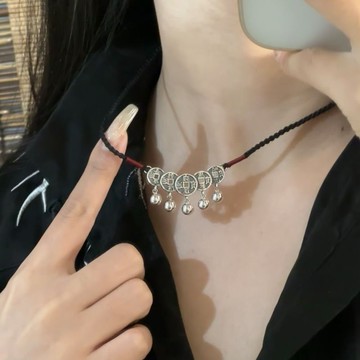 🔥台灣出貨🔥復古小衆輕奢五帝錢幣項鍊女新款鈴鐺編織鎖骨鏈生日禮物送女友不掉色 抗過敏 簡約 吊墜 項鍊女 銀飾 項鏈