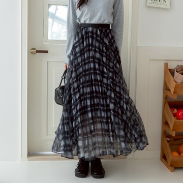 (有格加分)腰鬆緊傘擺網紗格紋長裙 SA903991【現貨】