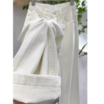 窄版白色闊腿牛仔褲女春夏2024新款高腰寬松直筒褲小個子垂感長褲