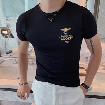 純棉男士短袖t恤潮夏季圓領印花修身打底衫緊身新款白色休閑體恤