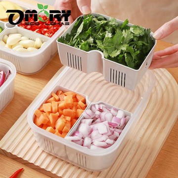 OMORY可瀝水隔網保鮮盒1.4L-三分格