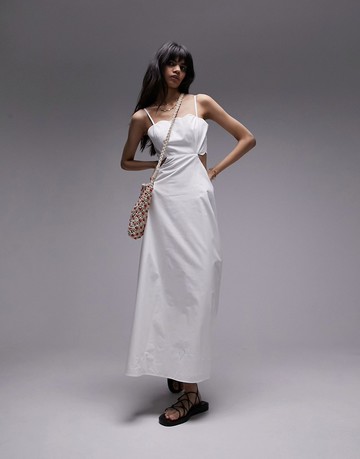 Topshop scallop edge midi dress in ivory-White