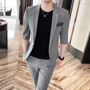 中袖休閑西裝男套裝青年韓版潮流修身一套痞帥氣夏裝薄款短袖西服