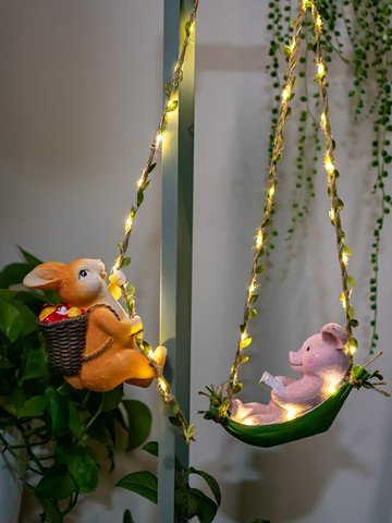 可愛狐貍小豬小兔蕩秋千創意擺件庭院戶外花園陽臺吊樹上掛件