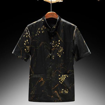 唐裝男高檔桑蠶絲男士香云紗短袖夏季襯衫中式立領盤扣休閑上衣潮