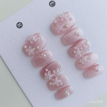 ✨Hannah✨臻美原手工短款貓眼顯白氣質甲片純慾風情小花可拆卸指甲貼純手工穿戴甲 QQZE