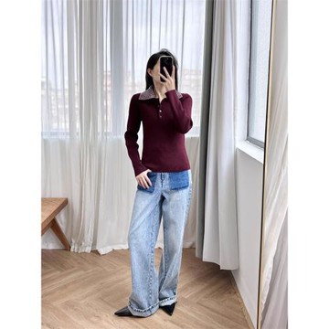 吳千語私服！安可拉紅鉚釘翻領針織衫2025春季新款修身上衣