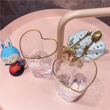 少女心形金邊錘目紋玻璃杯 描金愛心水杯 早餐杯情侶杯