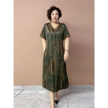 中年媽媽真絲連衣裙高檔國風印花大碼遮肉V領新中式老年人長裙女