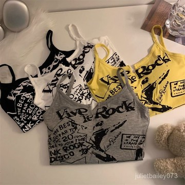 ♡ 𝑪𝒉𝒊𝒄 𝒖 ♡法式甜美印花卡通灰色吊帶背心v領無袖短款帶胸墊打底修身上衣女