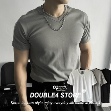 【DOUBLE4】韓國 素面 V領 合身短袖 肩結構拼接 Clean Fit 顯壯 健身 挺版 百搭 男裝 2530