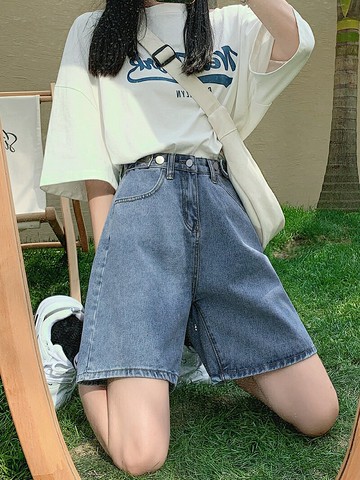 五分牛仔短褲 女夏季薄款高腰顯瘦5分寬松闊腿甜酷風中褲【不二雜貨】