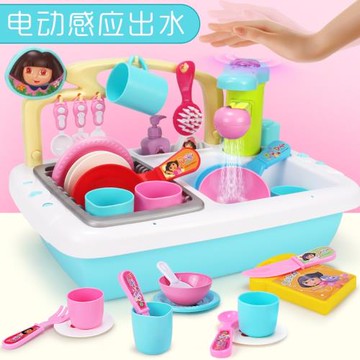 群豐朵拉感應出水洗碗臺蔬果洗凈臺仿真廚房清潔臺過家家戲水玩具