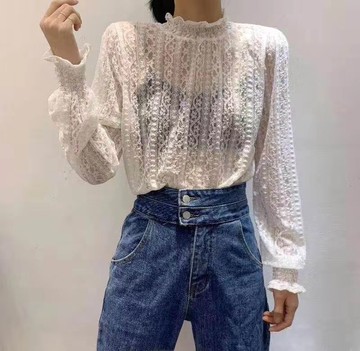 歐洲站春夏新款微透套頭花邊立領長袖花紋蕾絲衫打底衫氣質上衣女1入