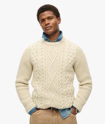 Superdry Men's Jacob Cable Knit Jumper Cream Size: S