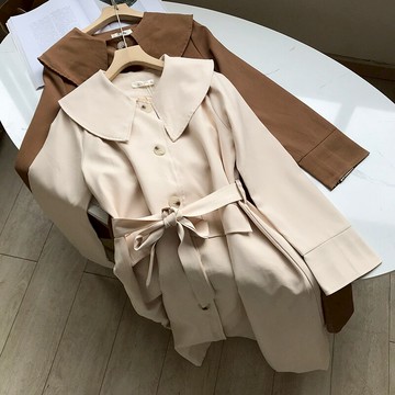 冬季寬松長袖荷葉領長款風衣外套 L#121入