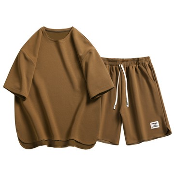 寬鬆落肩珠地紋(短袖+短褲)套裝 / 男女適穿 / 5色 / M-3XL【QTJBYYPY9169】