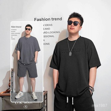 【精品男裝】夏季薄款大碼套裝男T恤加大加肥短袖休閒兩件套寬鬆短褲潮牌男裝 D5XQ