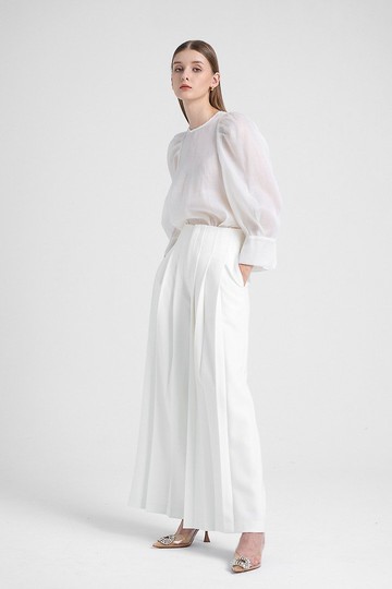 高腰壓摺落地西裝褲 - 白