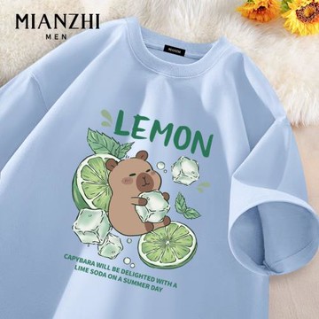 棉致夏日卡皮巴拉純棉短袖t恤男生寬松潮流青少年卡通半袖上衣服