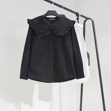 春夏季新款黑色白色女襯衫娃娃領木耳邊大領子開襟氣質襯衫有大碼
