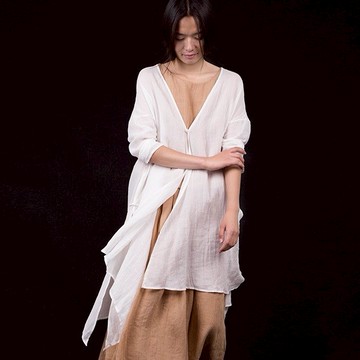 白色苧麻中長罩衫/防曬衫