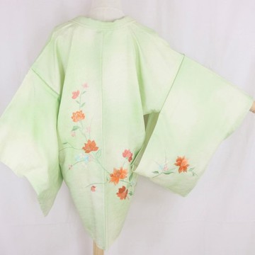 復古日本製薄荷綠羽織 | 花卉和服罩衫