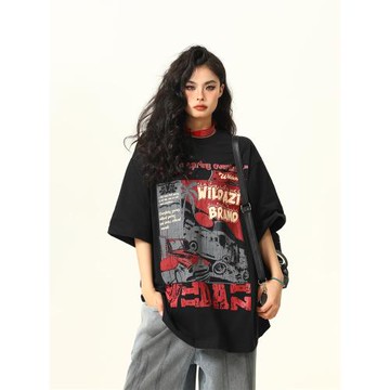 野生阿子2025夏季新款原創美式復古短袖T恤男女小眾印花潮牌體恤