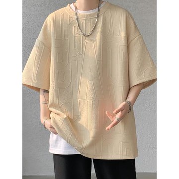 提花圓領短袖t恤男士夏季2025新款美式潮流潮牌休閑寬松薄款半袖