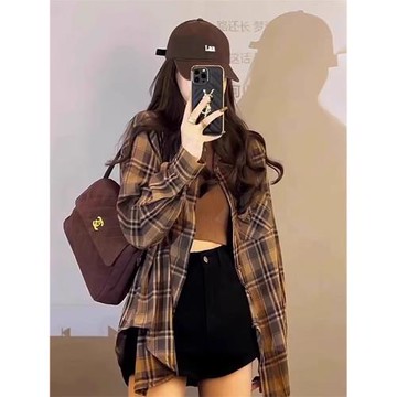 美式復古格子襯衫女款春秋2025新款設計感小眾小個子防曬外套上衣