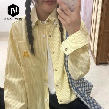 【Nico】臺灣熱銷🔥小狗刺繡條紋長袖寬鬆襯春秋新款休閒襯衣開衫外套上衣