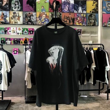 ins超火2023新款夏季落肩袖寬松t恤個性水母印花潮牌五分袖短袖男