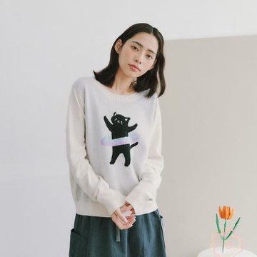【Dailo】旋轉吧！喵咪呼拉針織上衣 藍 杏 灰(魅力商品)