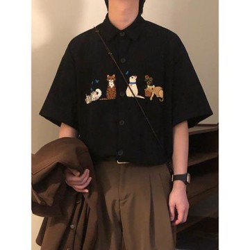 Nagawl夏季美式復古學院風貓咪刺繡燈芯絨短袖襯衫男百搭休閑襯衣
