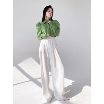 AKSAYA高個子超長款白色闊腿褲梨型身材高腰直筒休閑褲子女春夏季