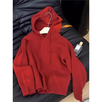 秋冬圣誕穿搭新年紅色連帽套頭毛衣外套女內搭外穿軟糯針織衫上衣