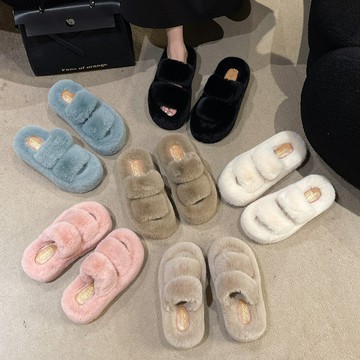 特價💖厚底顯腿瘦慵懶隨意毛毛拖鞋女外穿2025秋冬網紅雙帶增高一字拖鞋冬季保暖毛茸茸拖鞋 厚底拖鞋 外出拖鞋 5YFY