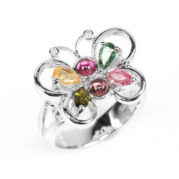 【寶石方塊】天然碧璽戒指-蝴蝶飛舞-925純銀飾