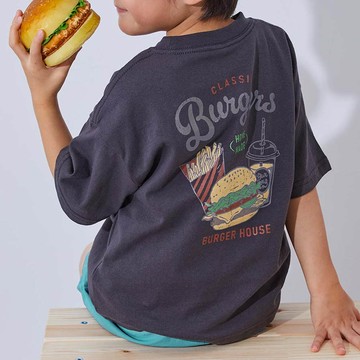 日本 devirock - 100%棉 定番印花寬版短袖上衣-漢堡-墨灰