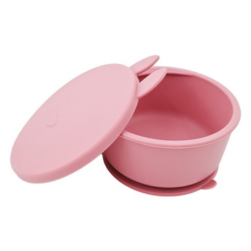 PUKU 藍色企鵝 鉑金矽膠附蓋吸盤碗 6個月以上 300ml  杏粉色  1個