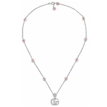 GUCCI 雙G鎖骨鍊 粉紅珍珠母貝 925純銀 古馳