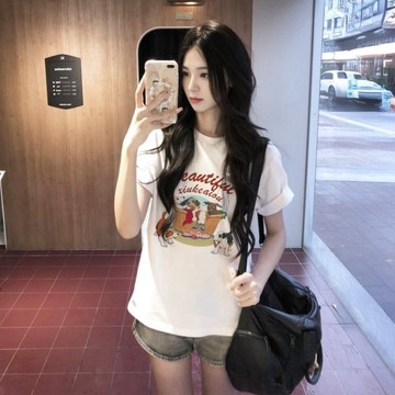 女生上衣 印花寬鬆情侶短袖T 上衣女 美式t  韓版T 大學T 爆款純棉半袖寬鬆慵懶風設計感小眾上衣